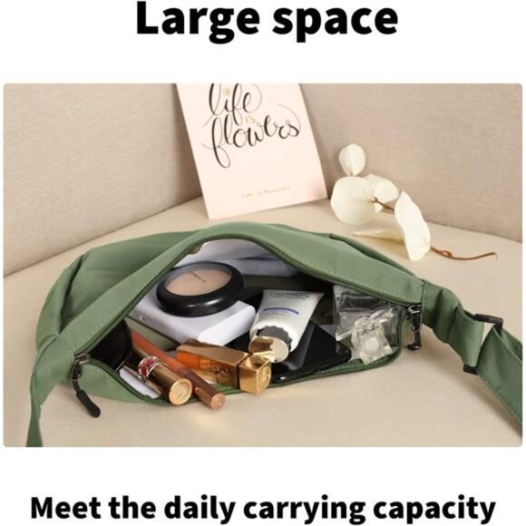 Mini Crescent Bag with Adjustable Strap, 2 Zippers Lightweight Nylon Bag - Army - Picture 6 of 7